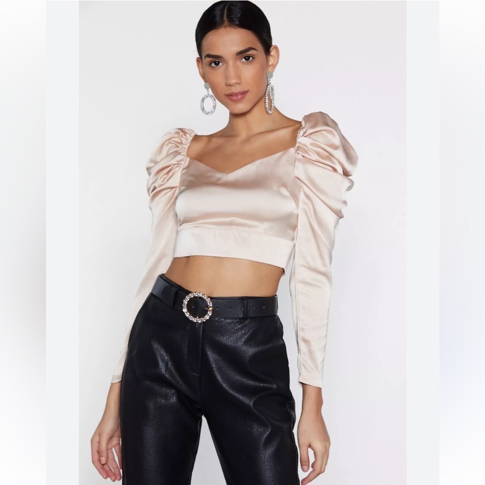 Nasty Gal Ruched Puff Sleeve Soft Talk Satin Crop Top Blouse Blush Pink - Size 4